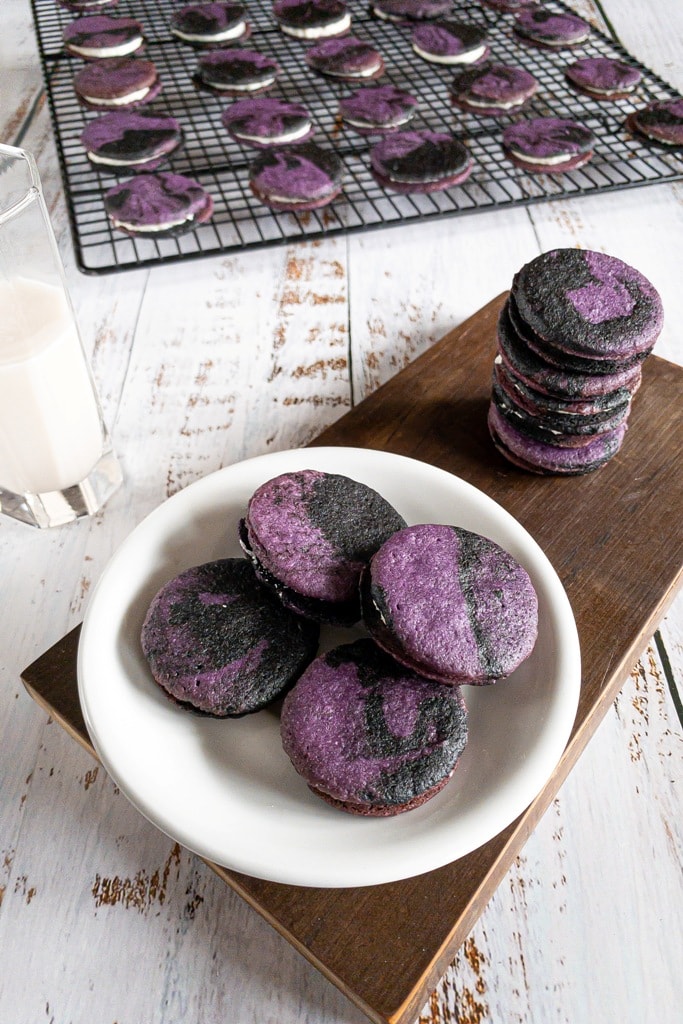marbled ube and cocoa oreos cookies on a table